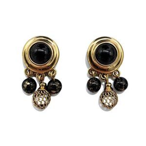 Vintage LCI Gold-Tone Clip-On Earrings With Black Beads & Mesh Accents